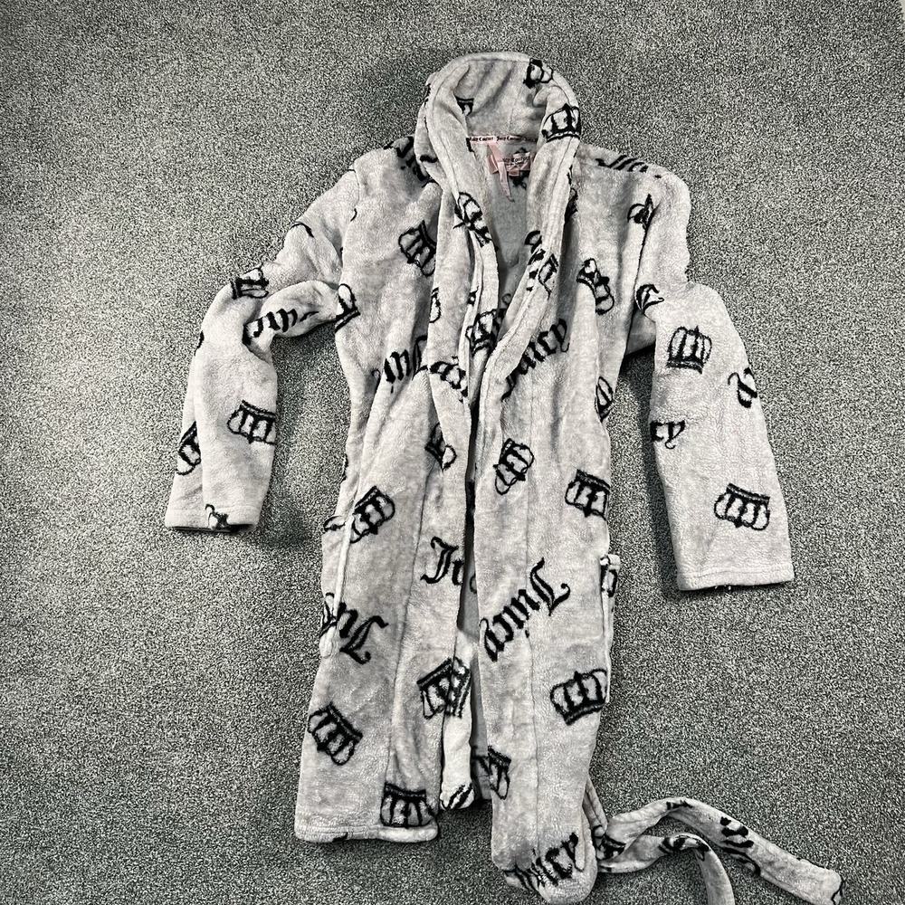 Juicy Couture Womens L/XL Plush Fleece Robe Gray Crown Logo Sleepwear